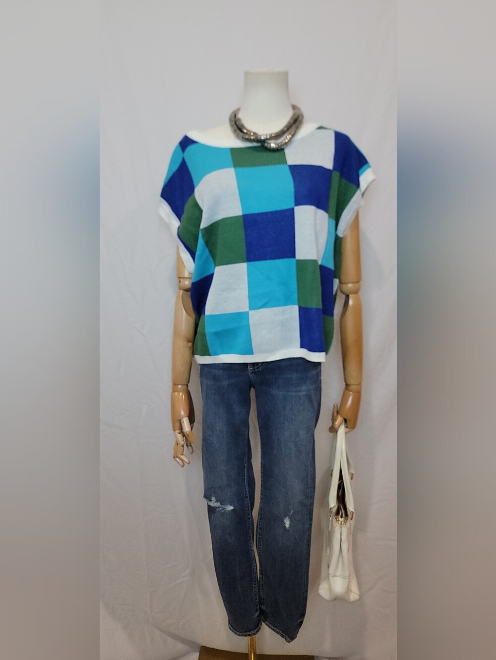 Disco Darling Checkered Sleeveless Sweater, Size Large